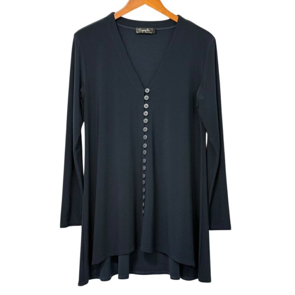Sympli Duo Diva Tunic Top Button Down Navy Blue Jersey Knit High-Lo Hem Size 12